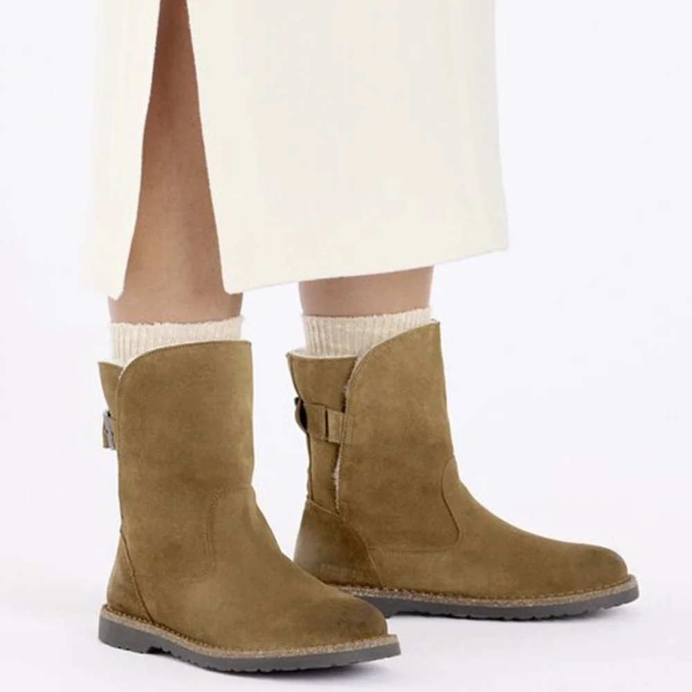 New Birkenstock Uppsala Suede Leather Shearling Booties for Women in Dark Tea 7